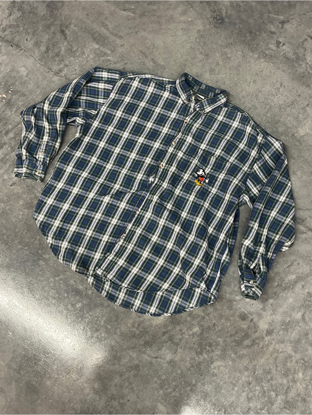 Disney Men's Blue & White Plaid Button-Down Shirt with Embroidered Mickey